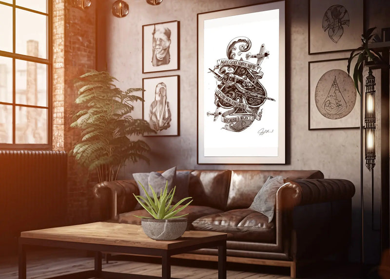 Unique art prints for collectors displayed as intricate black ink work in a stylish living room setting