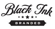 Black ink branding graphic with the words 'Black Ink' in large script, five stars, and a banner reading 'BRANDED' on a white background.