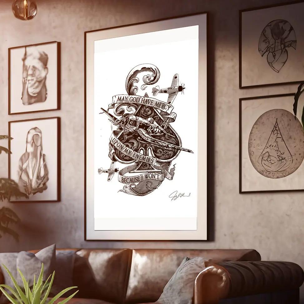Top Aces of WWII Ace of Spades Art Print Black Ink Branded