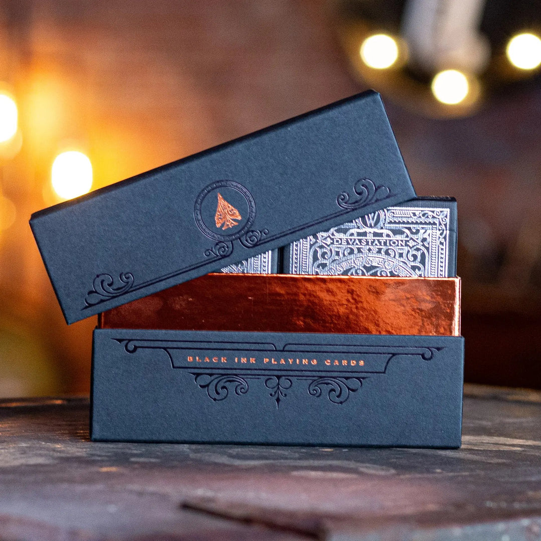 The Vault by Black Ink Playing Cards containing Devastation Silver Edition playing cards in a stylish box