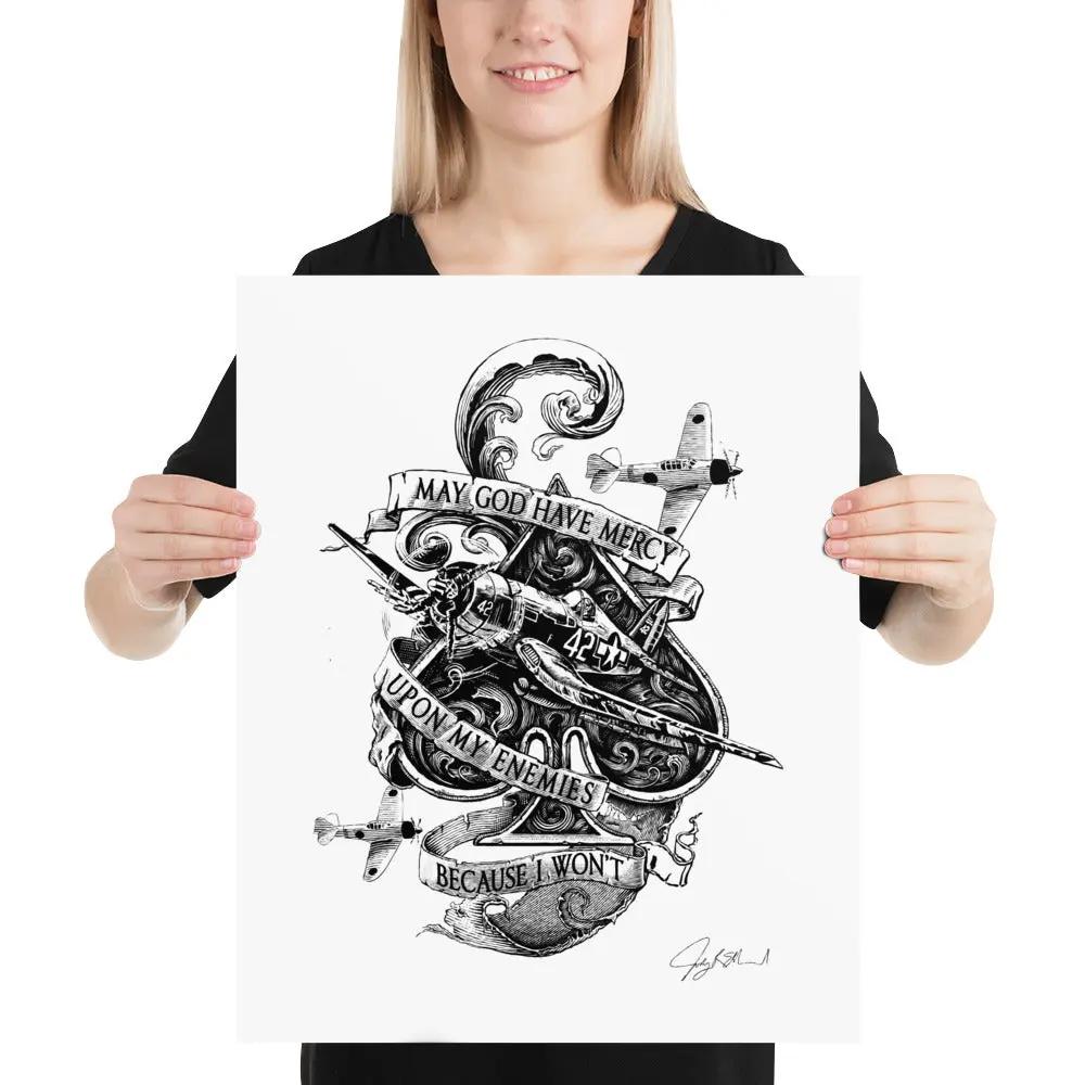 Top Aces of WWII Ace of Spades Art Print Black Ink Branded