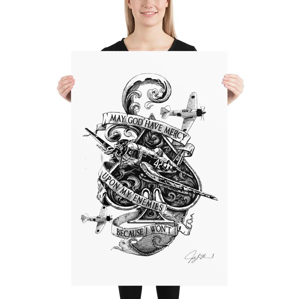 Top Aces of WWII Ace of Spades Art Print Black Ink Branded