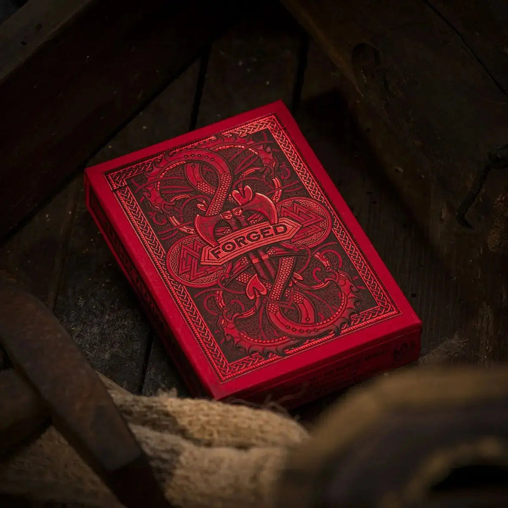 Forged Playing Cards Midgard's Revenge in a detailed red box with intricate design and patterns