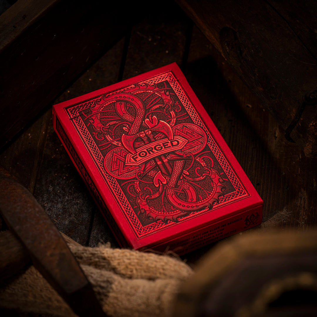 Forged Playing Cards Midgard's Revenge in a detailed red box with intricate design and patterns