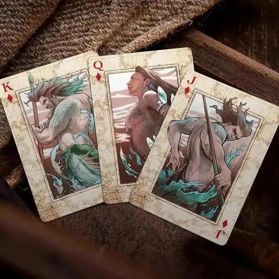 Sirens Nymphs playing cards featuring illustrated King, Queen, and Jack designs with mermaid characters