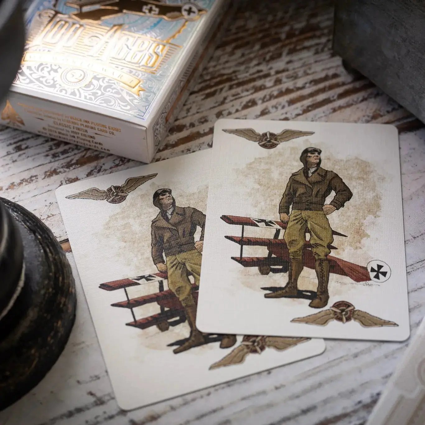 Top Aces WWI playing cards featuring vintage aircraft and pilot illustrations for collectors