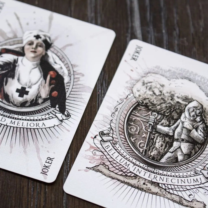 Detail of Devastation Silver Edition Playing Cards featuring unique Joker designs with artistic illustrations