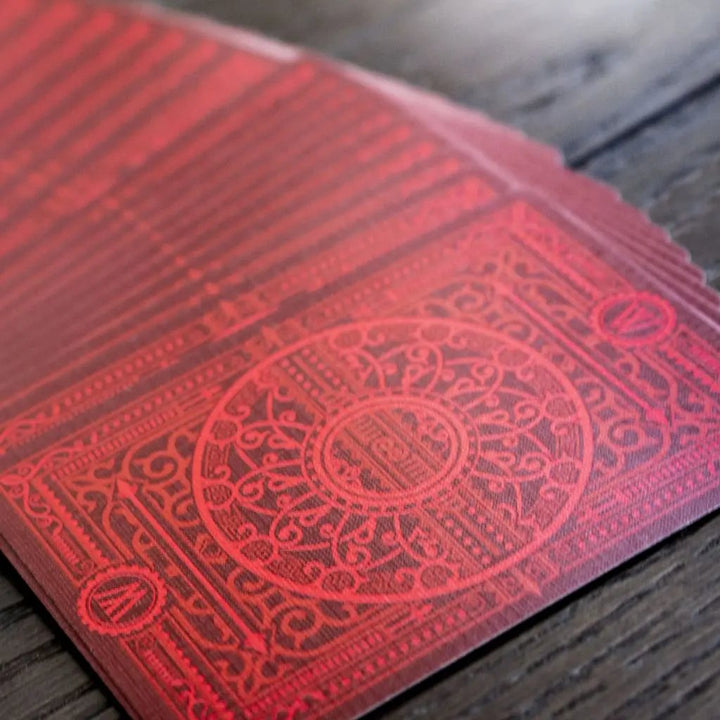 Close-up of Devastation Silver Edition Playing Cards with intricate red design details