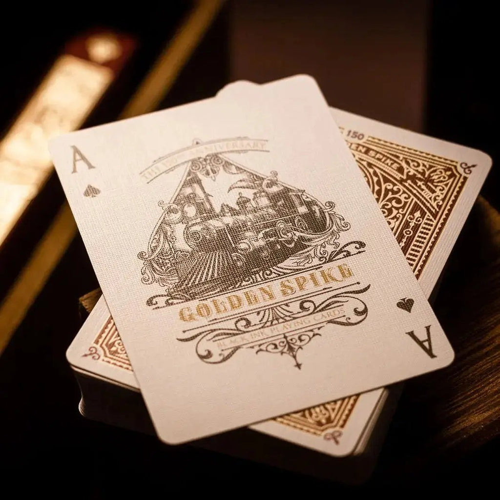 Golden Spike 150th Anniversary playing cards featuring an Ace card with intricate train design