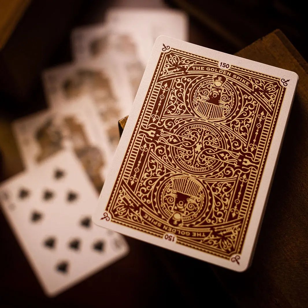 Golden Spike 150th Anniversary playing cards featuring intricate vintage design and details