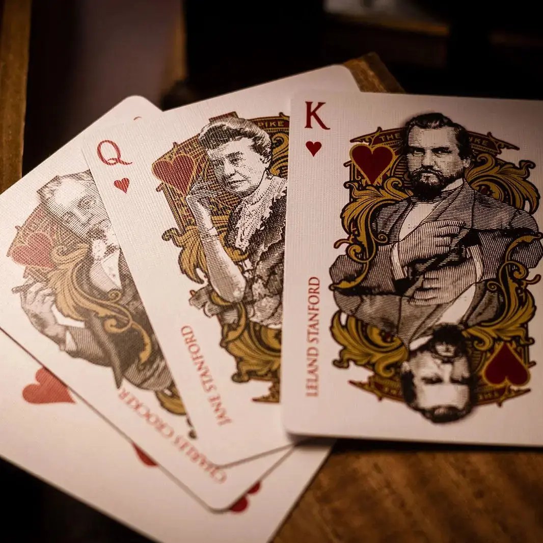 Golden Spike 150th Anniversary playing cards featuring historical figures like Leland Stanford and Charley Crockett