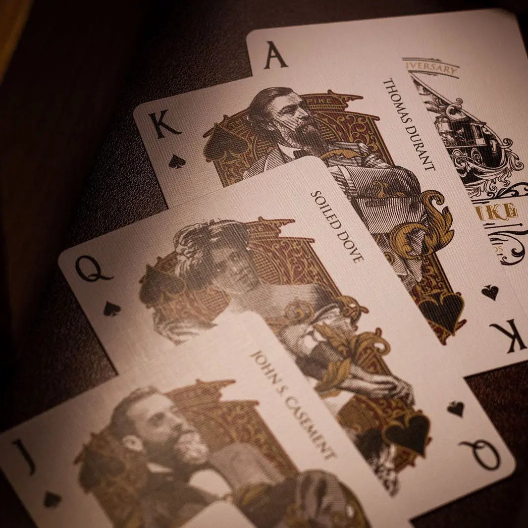 Golden Spike 150th Anniversary playing cards featuring historical figures and ornate designs