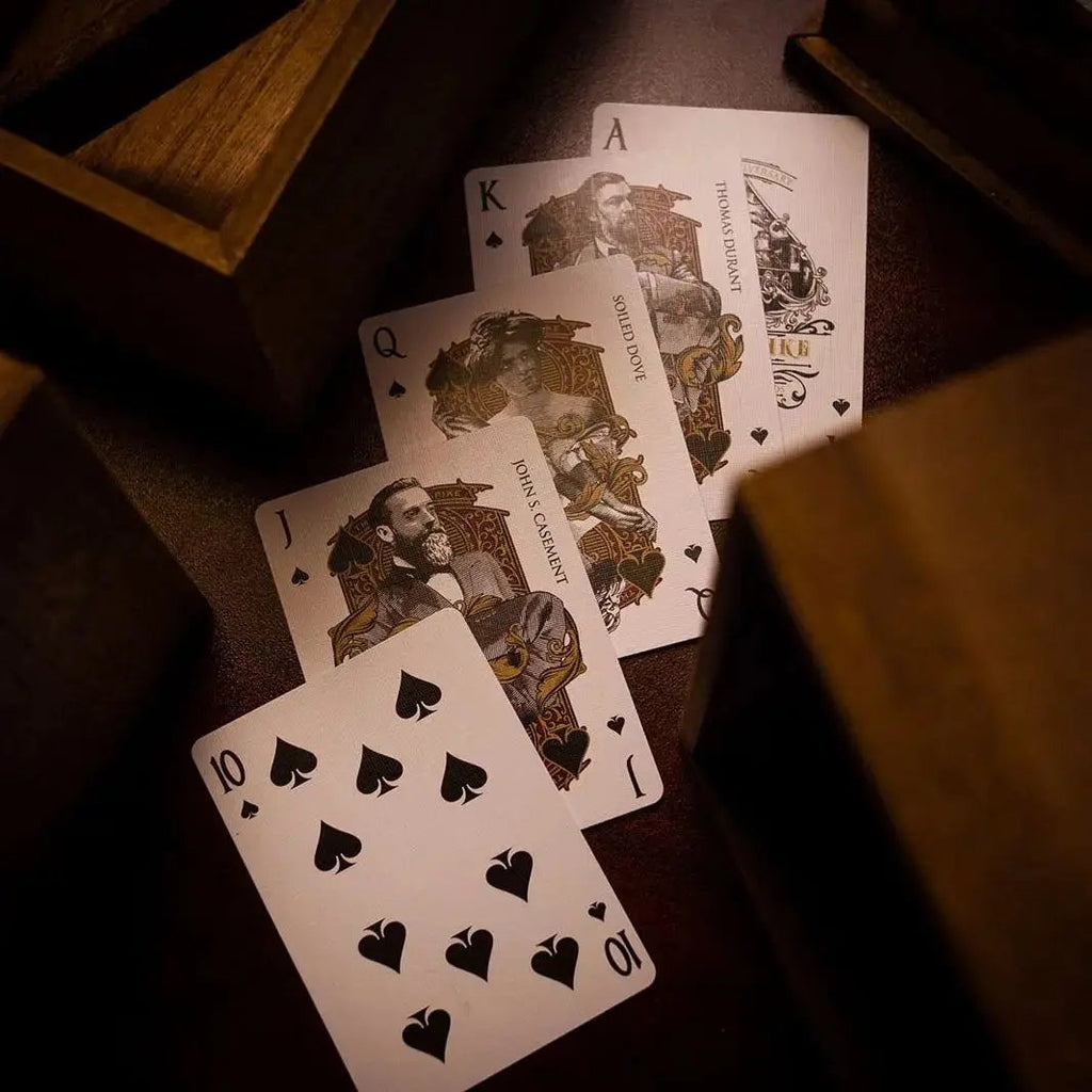 Golden Spike 150th Anniversary playing cards featuring unique illustrations of historic figures and symbols