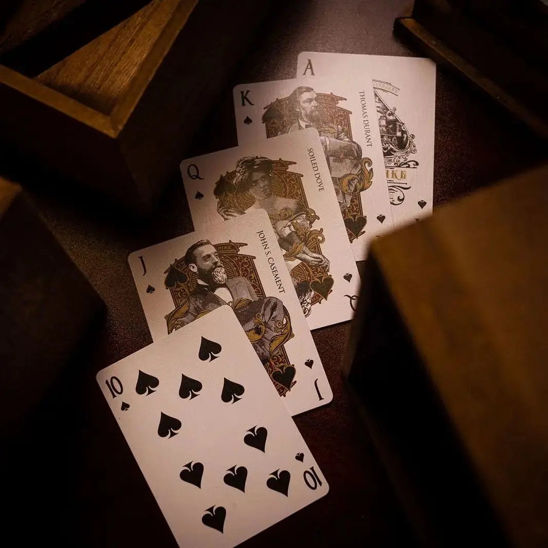 Golden Spike 150th Anniversary playing cards featuring unique illustrations of historic figures and symbols