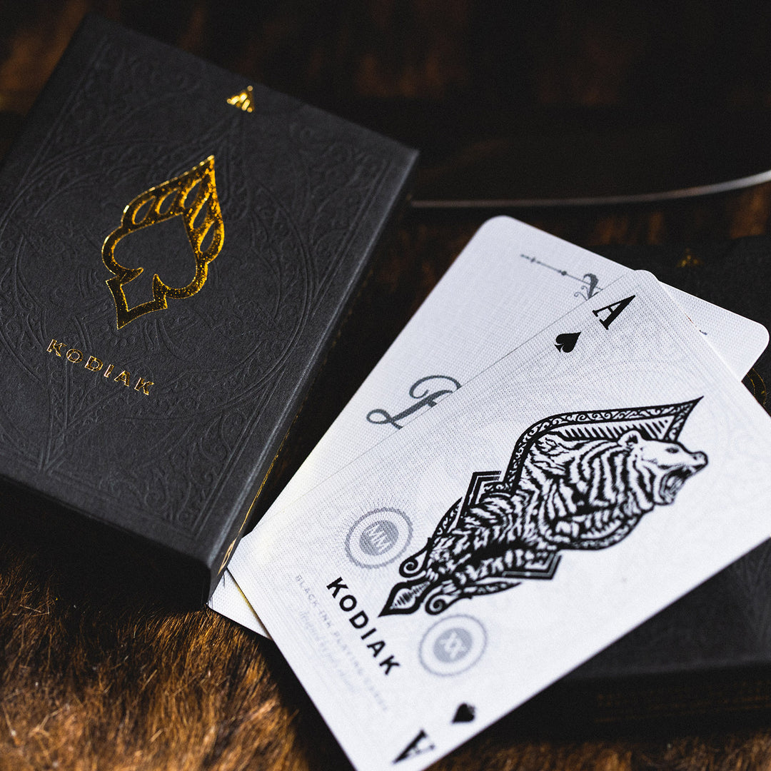 Kodiak 2020 edition playing cards with elegant black and white design featuring a stylized bear