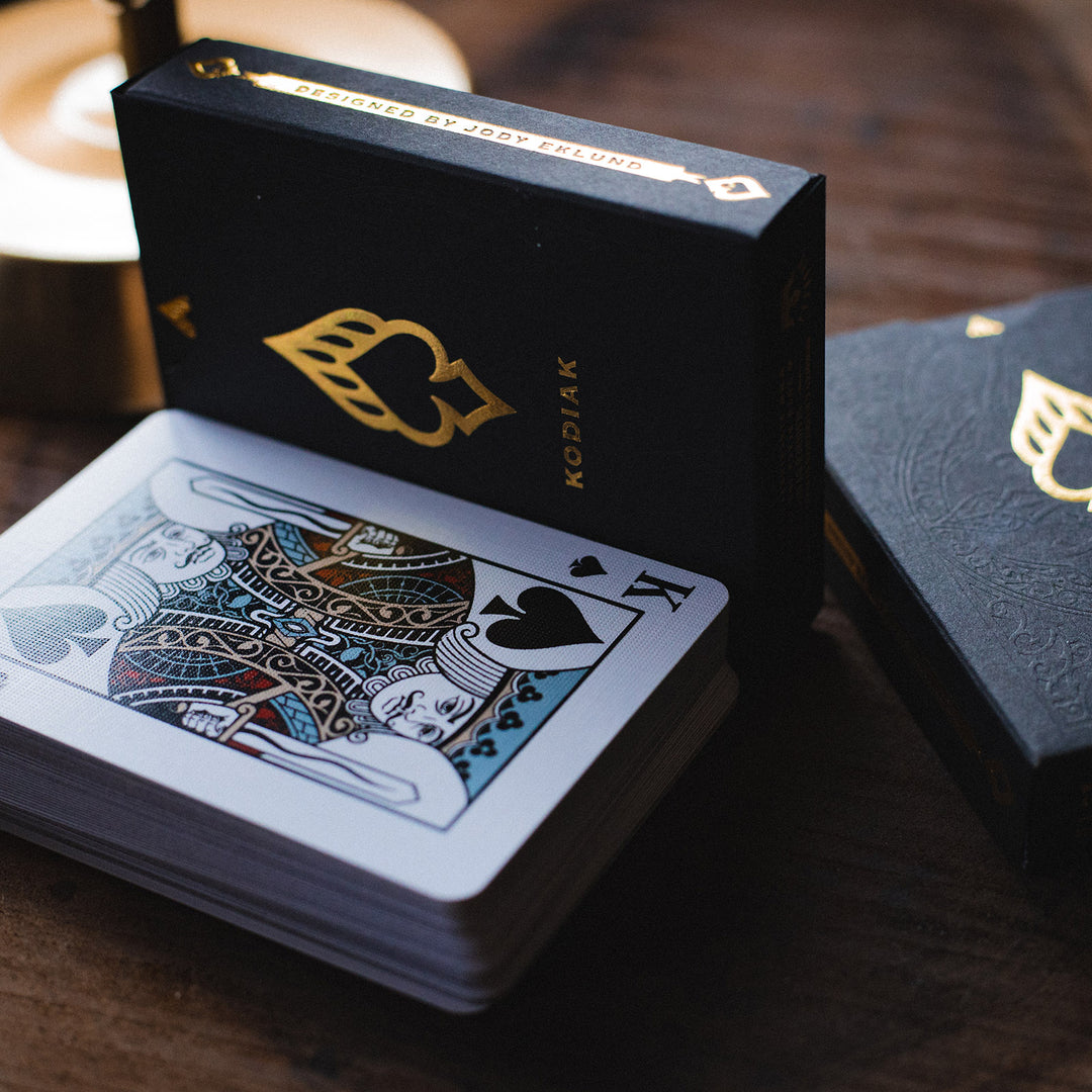 Kodiak 2020 edition playing cards in a stylish black box with intricate designs