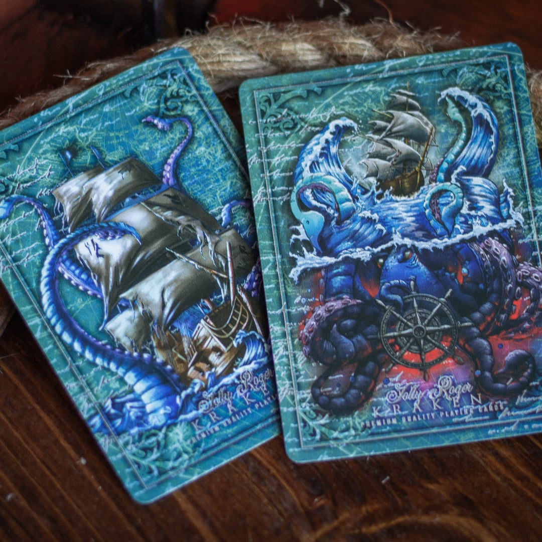 Kraken Signature playing card set featuring detailed illustrations of a ship and tentacles