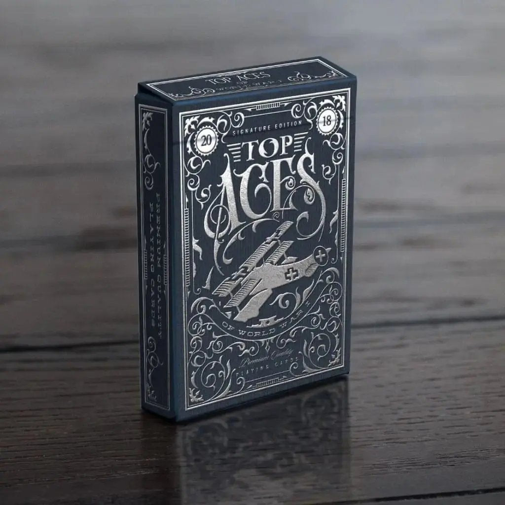 Top Aces WWI limited edition playing cards featuring intricate silver and navy packaging design