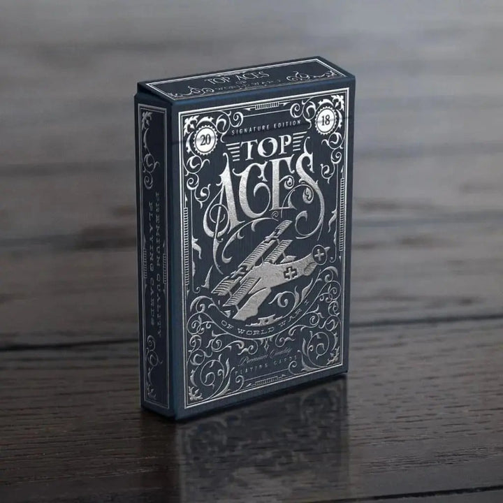 Top Aces WWI limited edition playing cards featuring intricate silver and navy packaging design
